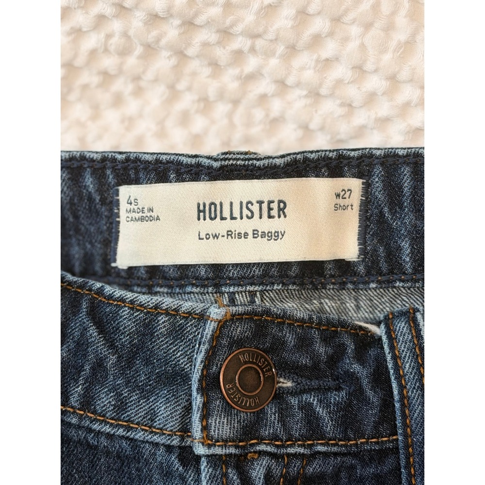 Hollister Jeans Women 4S Blue Denim Low-Rise Baggy Wide Leg W27 Short Dark Wash